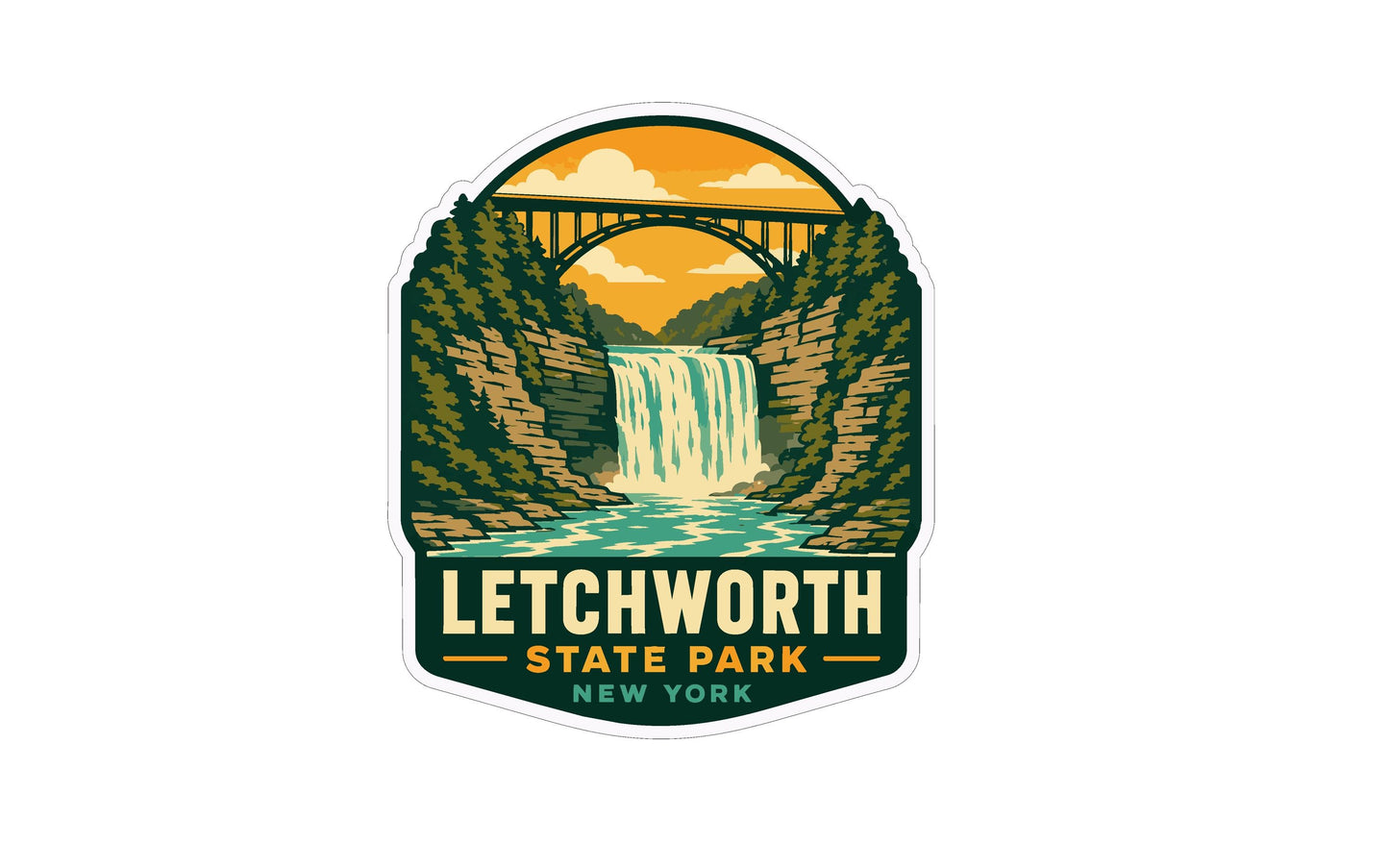 A sticker or emblem featuring a waterfall and a bridge, with the text "Lechworth State Park New York" prominently displayed.