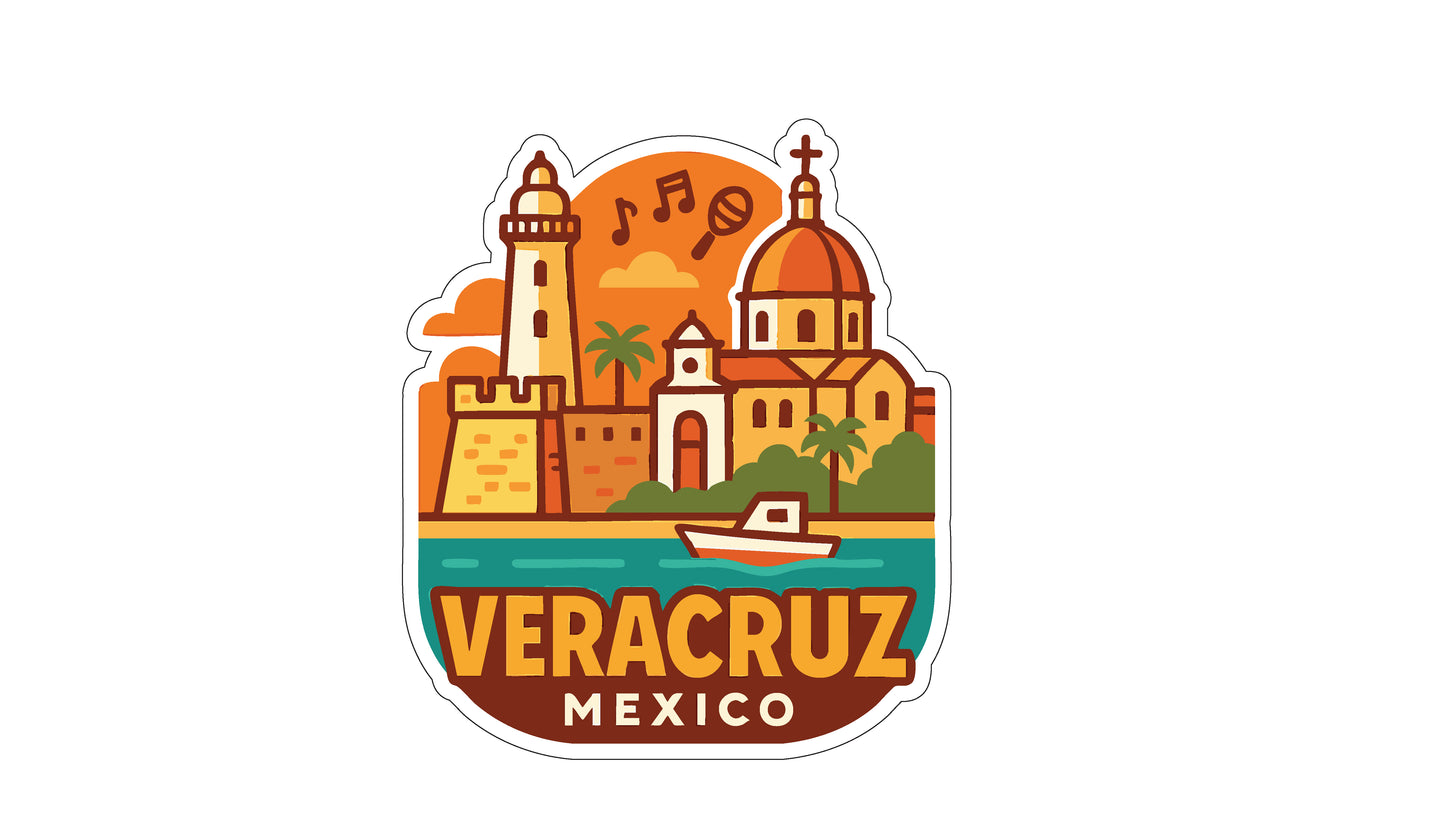 The image is a sticker or emblem featuring the city of Veracruz, Mexico. It includes a lighthouse, a cathedral, a boat, palm trees, and a beach. The text "VERACRUZ MEXICO" is prominently displayed, indicating the location of the city.