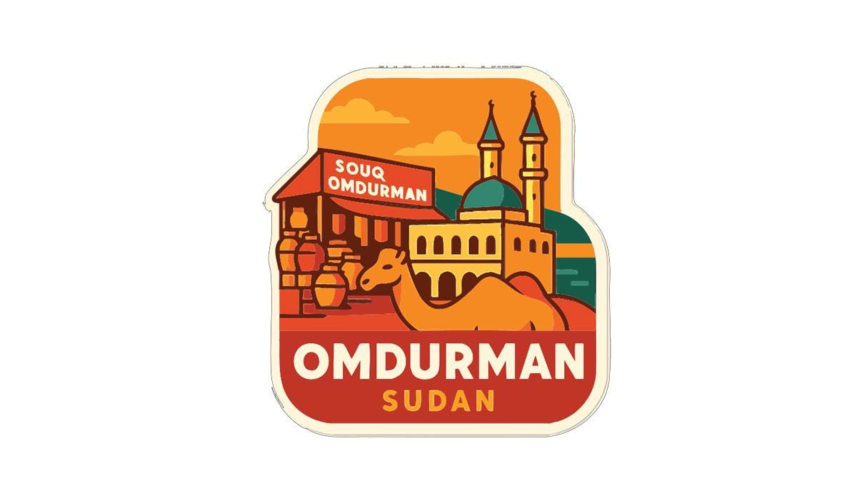 a sticker or label with an illustration of a camel, a building, and a mosque, along with the text "OMDURMAN SUDAN" prominently displayed.
