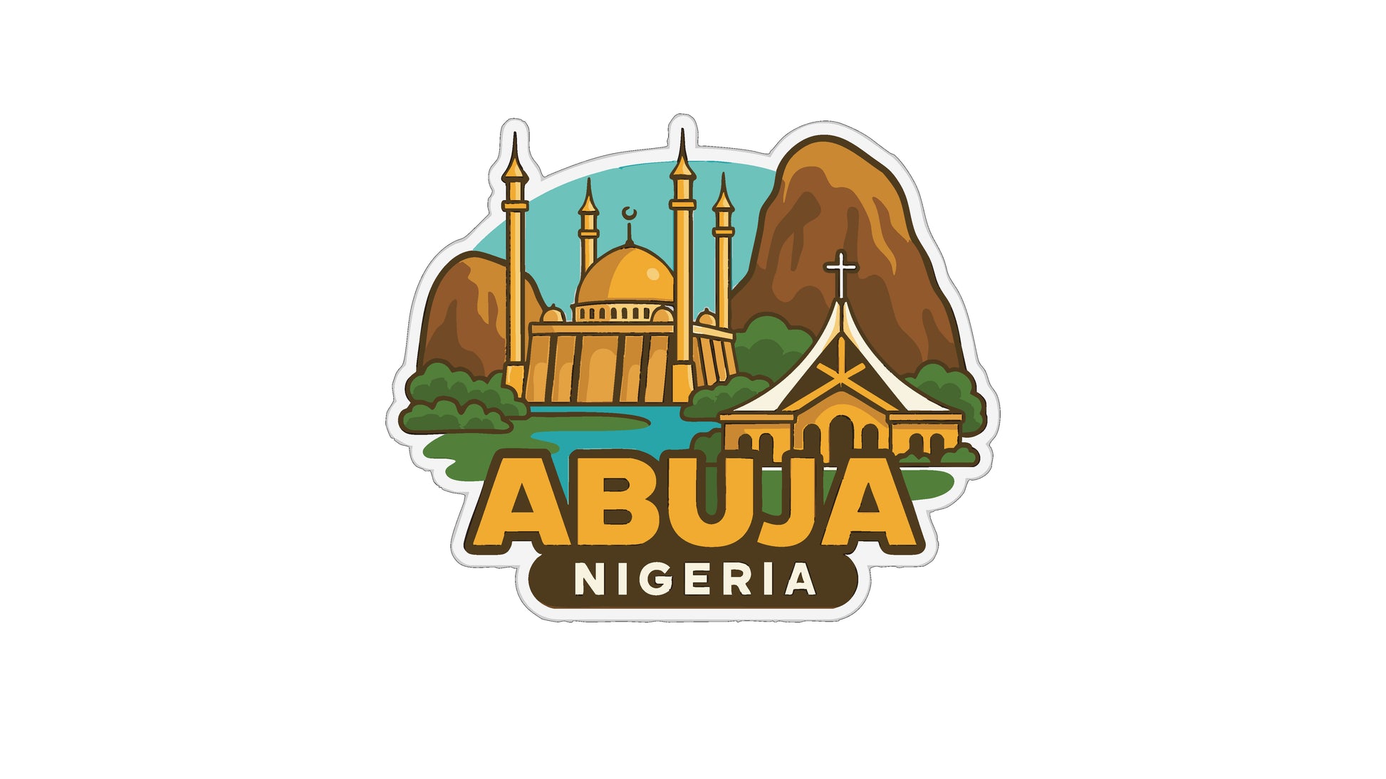 a stylized illustration of Abuja, Nigeria, with various landmarks and buildings depicted, including a mosque, a mountain, and a church.