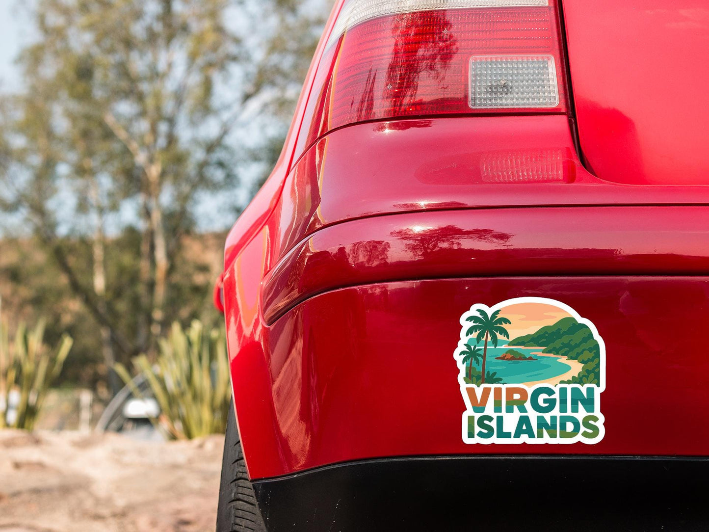 the rear end of a red car with a sticker on the trunk that says "VIRGIN ISLANDS".