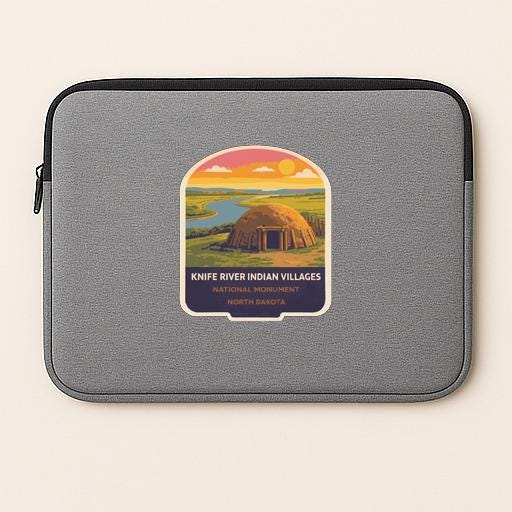 a gray laptop sleeve with a sticker depicting a scenic landscape, including a hut and a river.