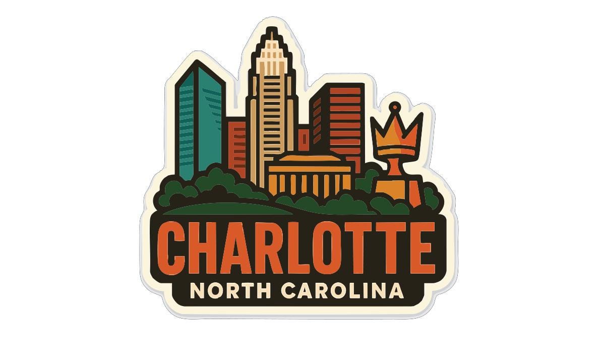A sticker depicting the skyline of Charlotte, North Carolina, with a crown and a building in the foreground.