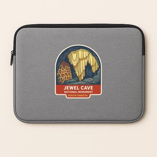 A gray laptop sleeve with a graphic design depicting the Jewel Cave National Monument in South Dakota.