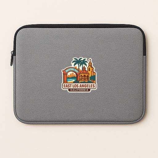 A gray laptop sleeve with a logo of East Los Angeles, California.