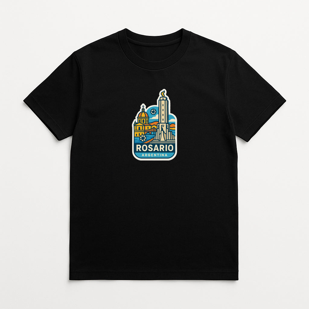 A black t-shirt with a graphic design depicting the city of Rosario, Argentina.
