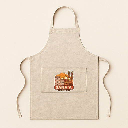 A beige apricot with a graphic design on the front pocket, featuring a city skyline and the text "Sana'a Temen".