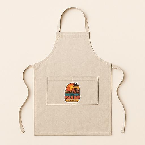 A beige apricot with a palm tree and sunset design on it, suggesting a tropical or beach-themed setting.