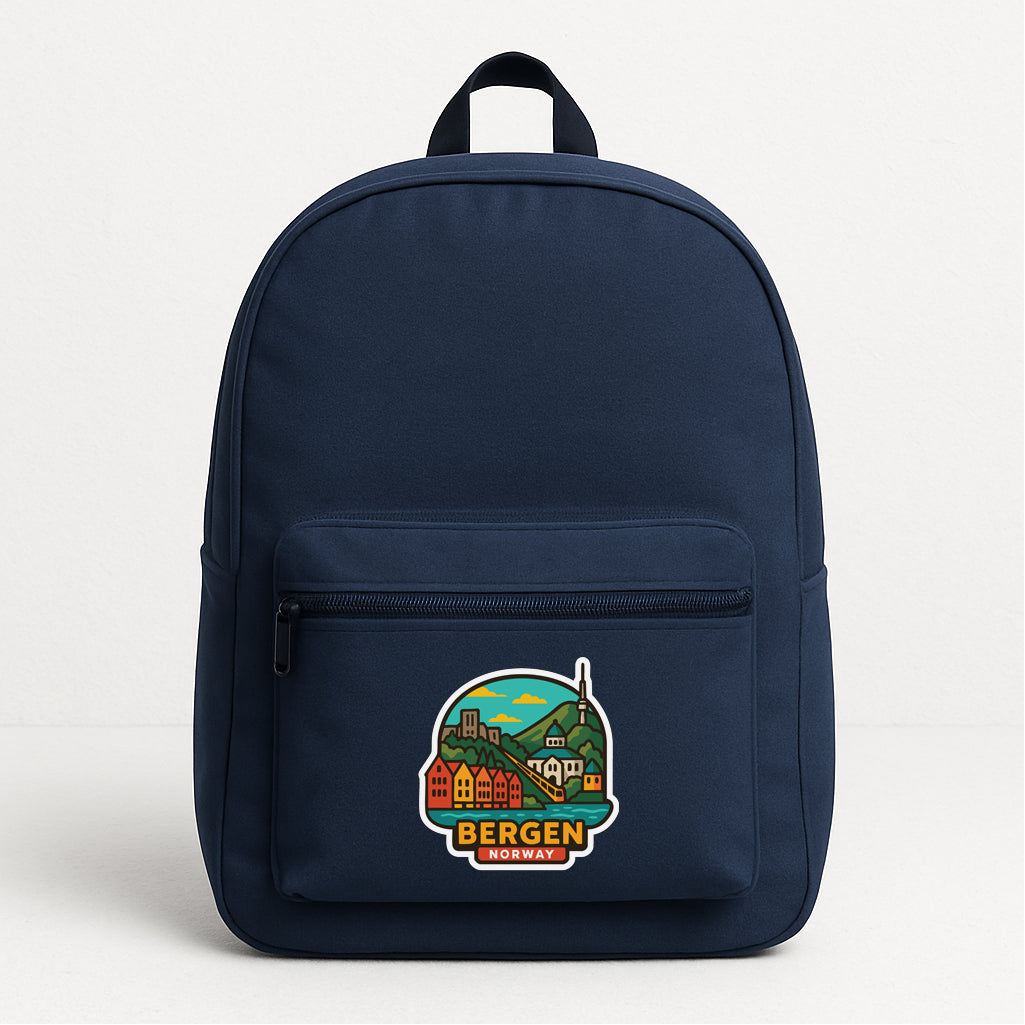 A navy blue backpack with a sticker depicting a scenic view of Bergen, Norway.
