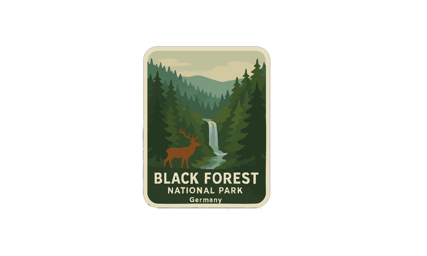a sticker or label with a forest scene and a waterfall, depicting a natural landscape.