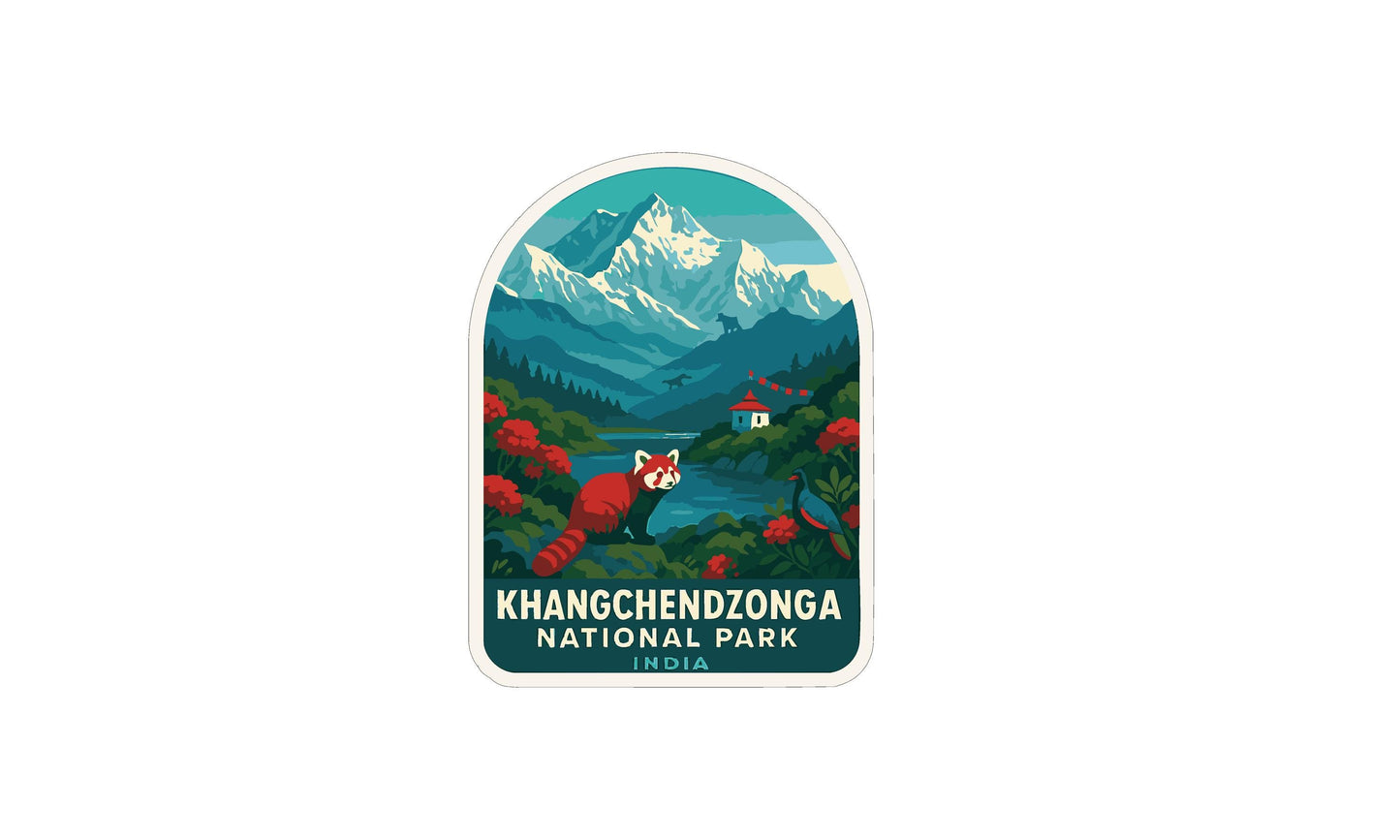 a sticker or label with a mountain landscape and a red panda. The sticker is for the Khangchenzong National Park in India.