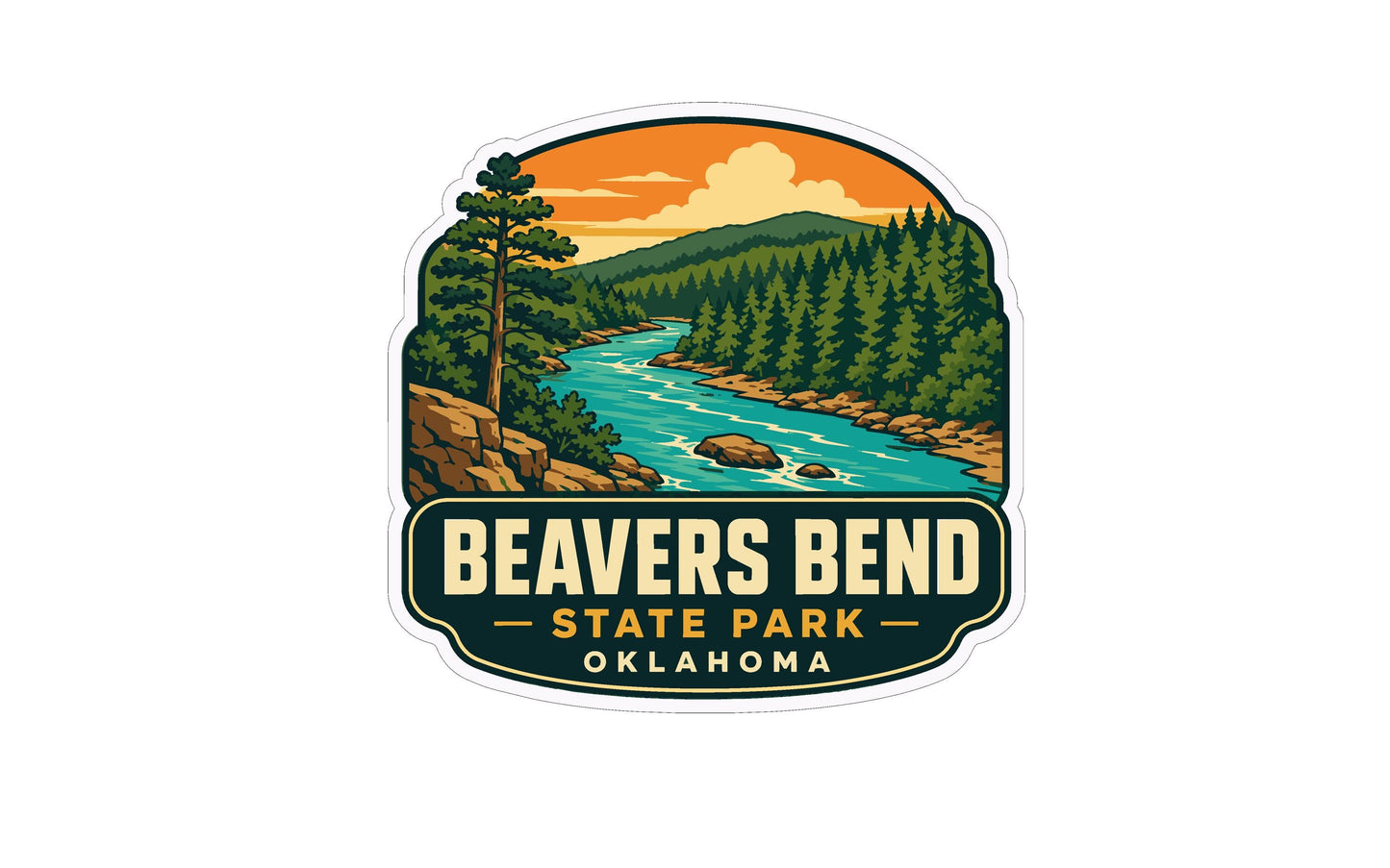a sticker or logo for Beavers Bend State Park in Oklahoma. The design includes a scenic landscape with a river, pine trees, and a sunset sky.