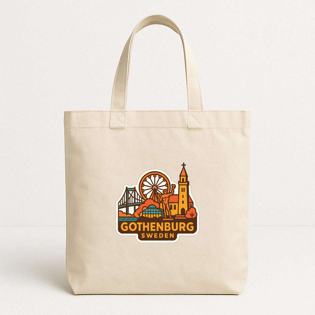 A beige tote bag with a printed design featuring landmarks and symbols associated with Gothenburg, Sweden.