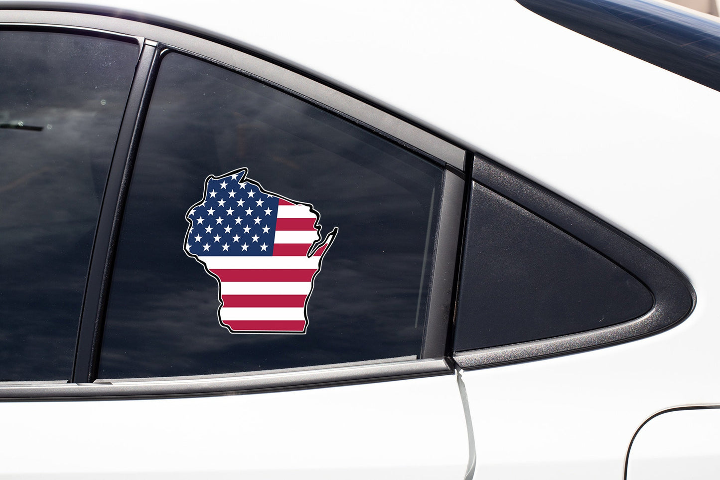 a sticker of the state of wisconsin with the american flag on it