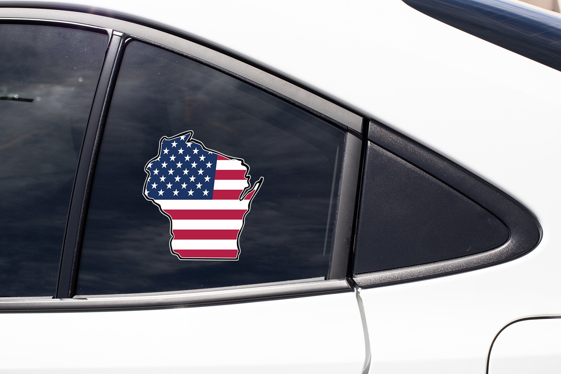 a sticker of the state of wisconsin with the american flag on it
