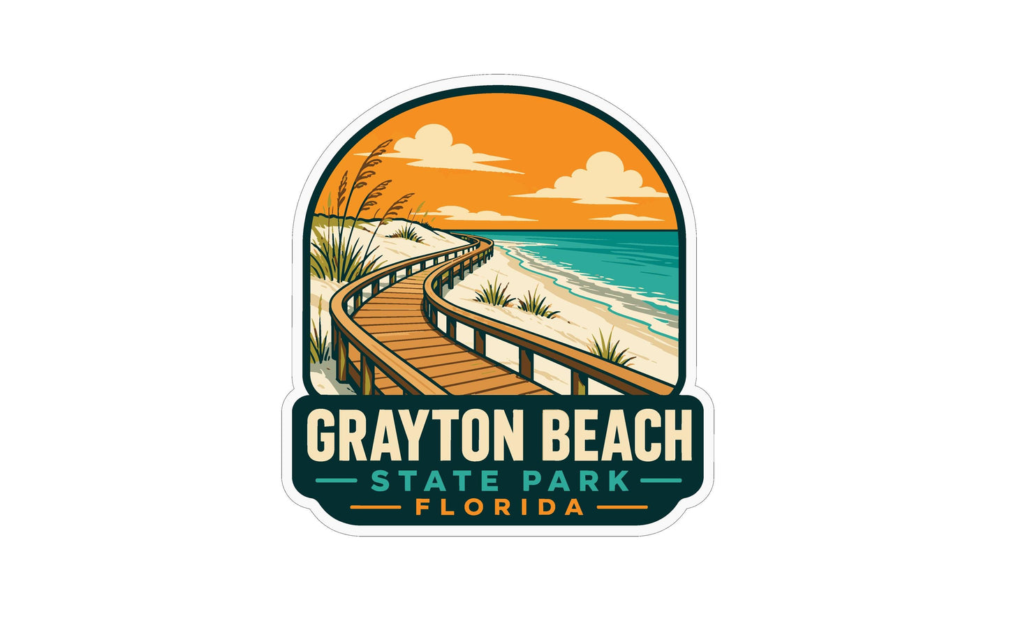 A sticker or logo depicting a wooden boardwalk leading to a beach with a sunset in the background, surrounded by palm trees and other beach elements.