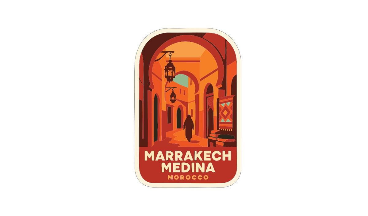 a stylized illustration of a street scene in Marrakech, Morocco, with a person walking down the street and various architectural elements such as arches and lanterns.