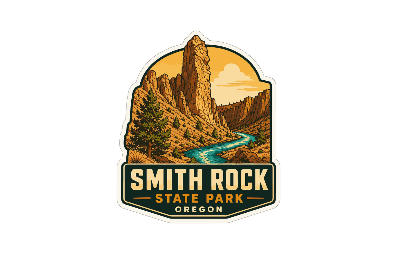 a sticker or emblem with a mountain landscape and a river, representing Smith Rock State Park in Oregon.