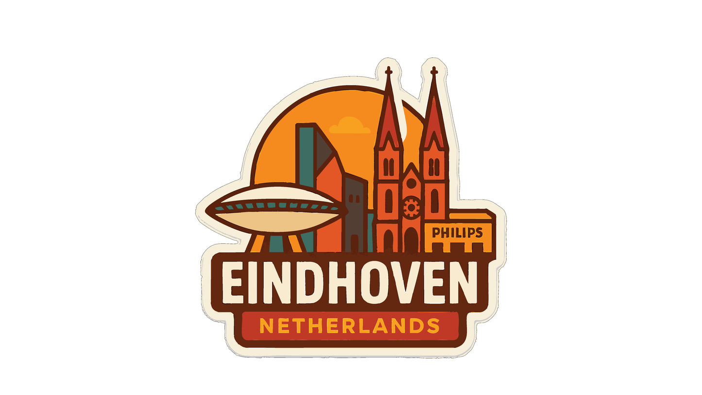 a sticker or logo with the text "Eindhoven Netherlands" and various landmarks, including a cathedral, a building, and a futuristic structure.