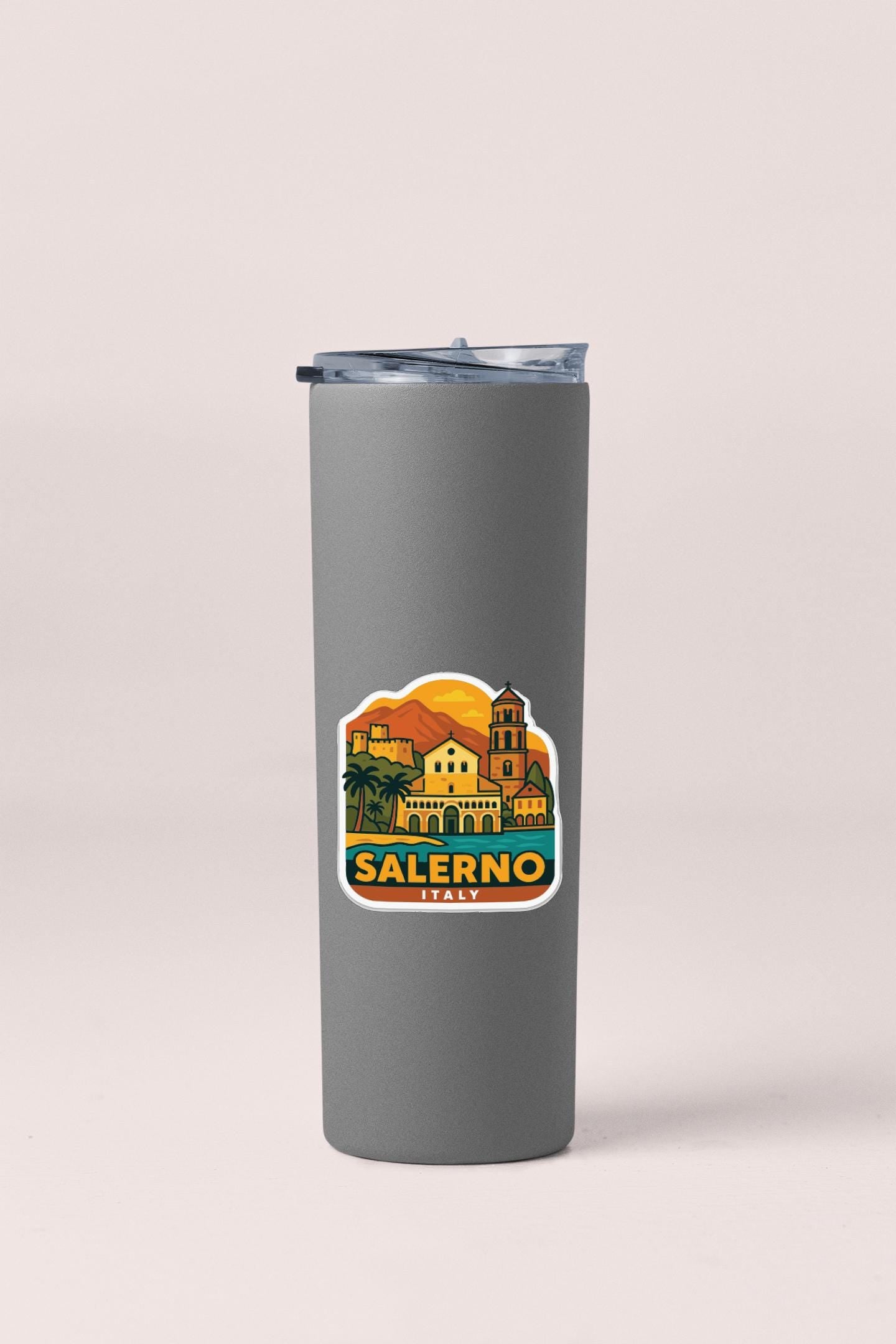 A gray insulated tumbler with a sticker depicting the city of Salerno, California.