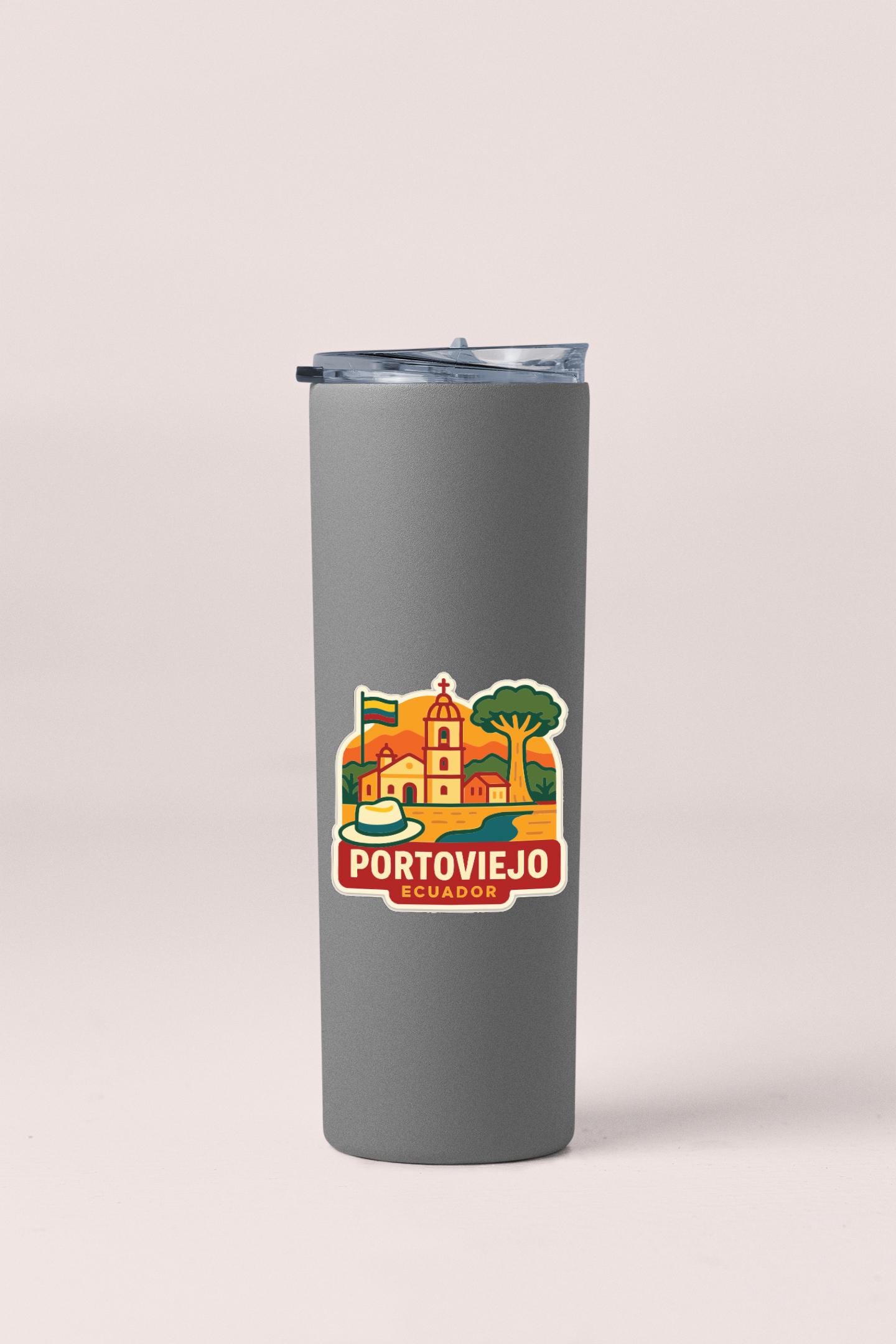A gray insulated tumbler with a sticker depicting a colorful illustration of a town or city, along with the text "PORTOVIEJO ECUADOR".