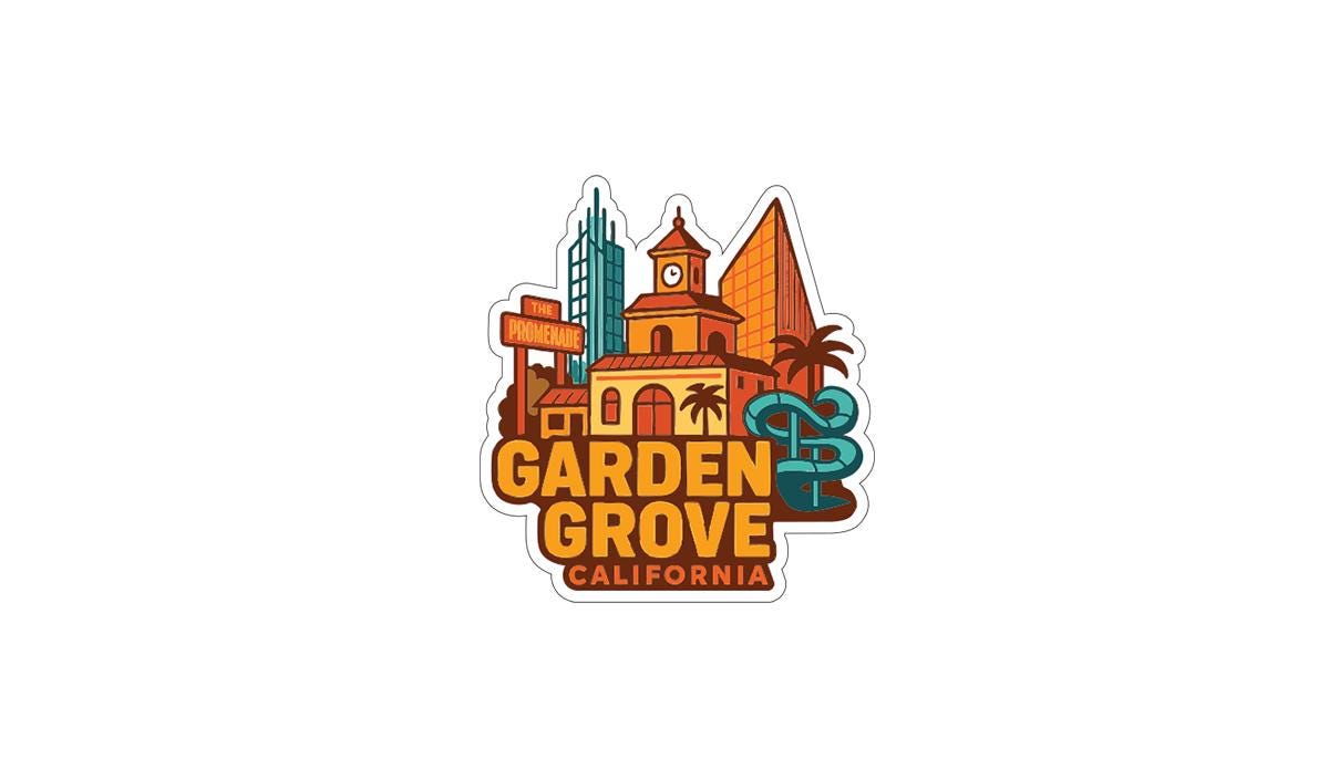 A colorful sticker or logo depicting the Garden Grove neighborhood in California, with various landmarks and buildings.