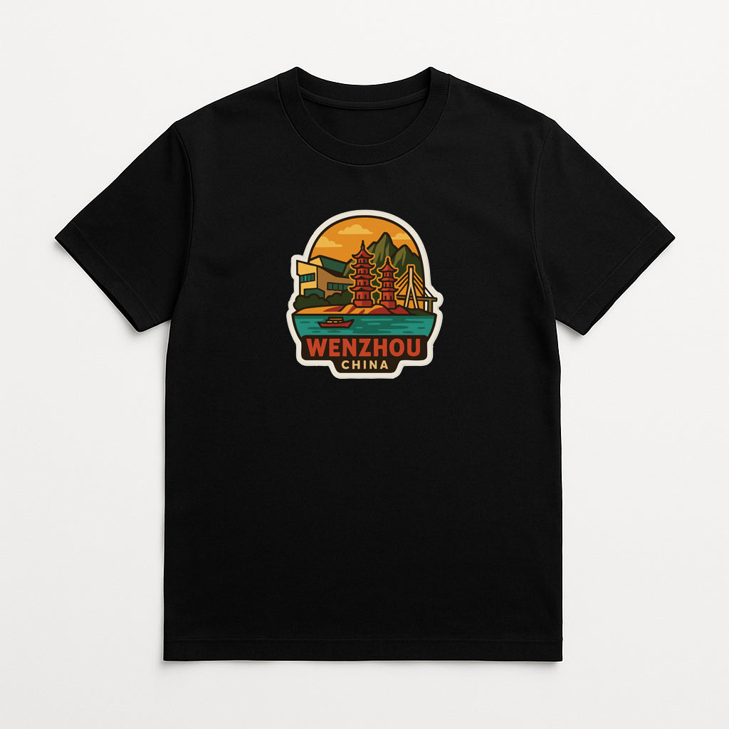 A black t-shirt with a colorful graphic design depicting landmarks and scenery from Wenzhou, China.