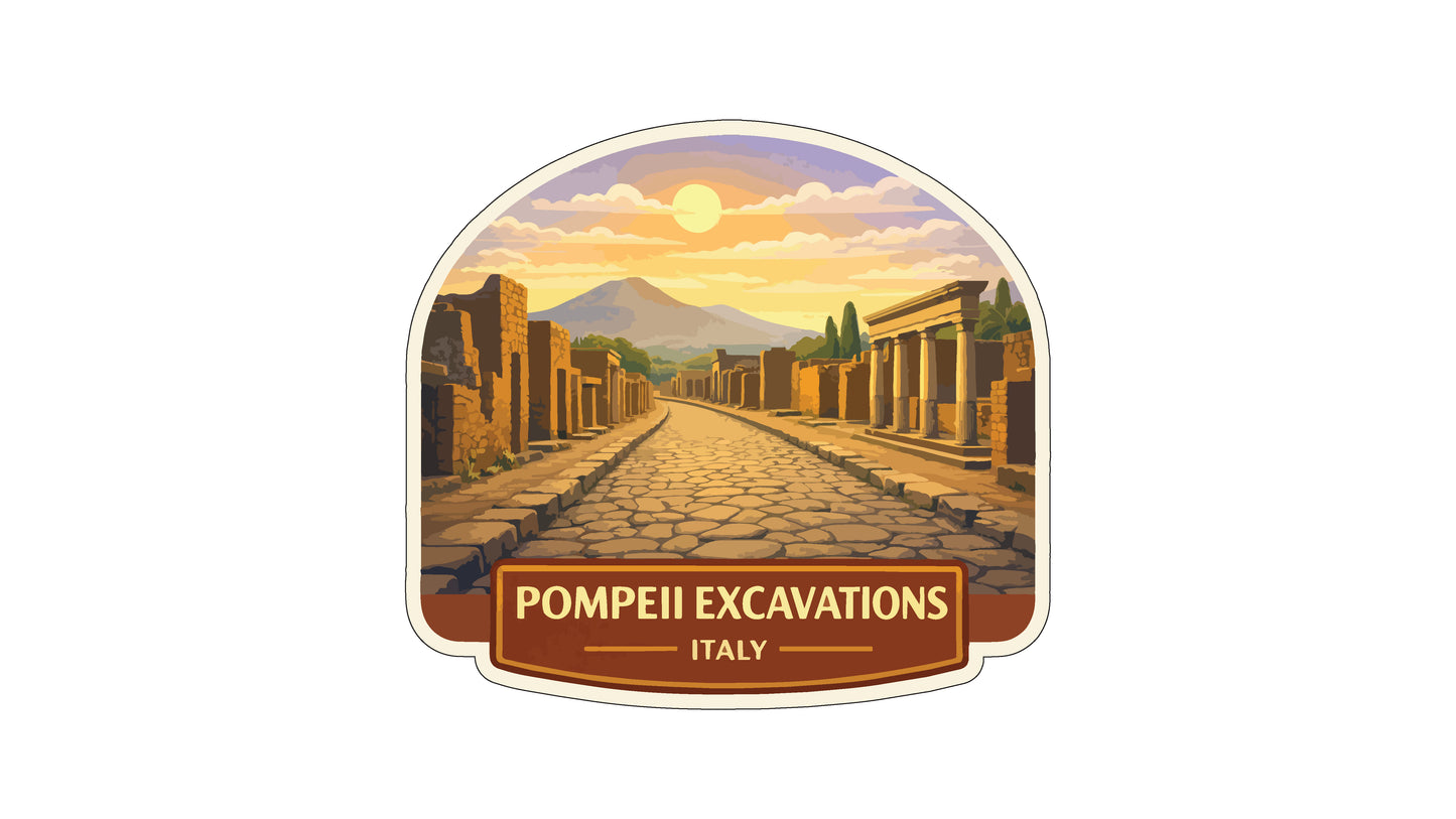 a scenic view of an ancient Roman city, with a cobblestone street leading towards a mountain in the background. The sky is filled with clouds, and the sun is setting, casting a warm glow over the scene. The text "POMPEII EXCAVATIONS ITALY" is prominently displayed, indicating that this is a logo for a company or organization related to archaeological excavations in Italy.