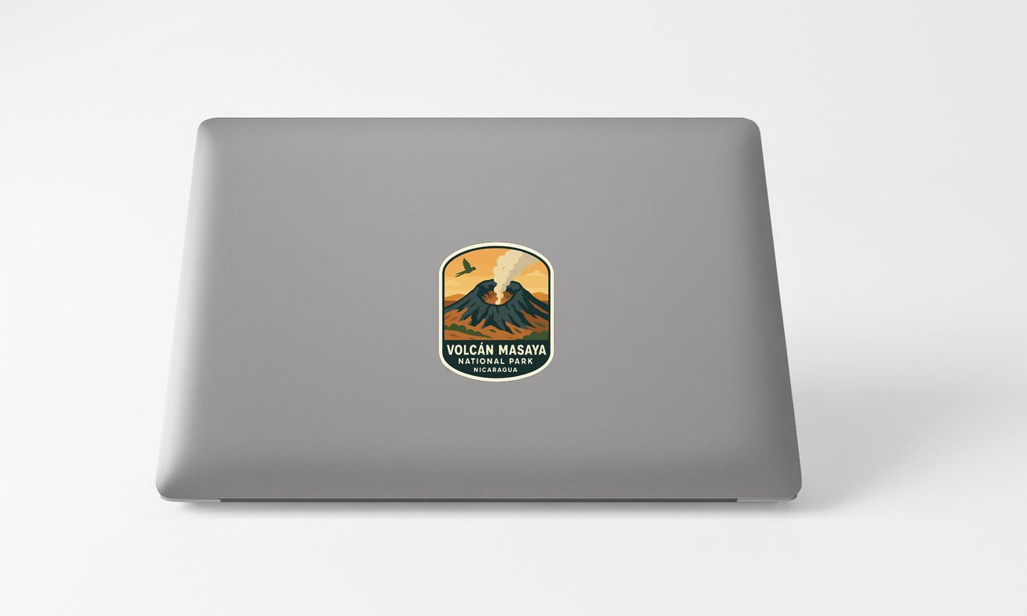 a sticker with a graphic of a volcano and the text "Volcanic Mauna National Park, Hawaii".