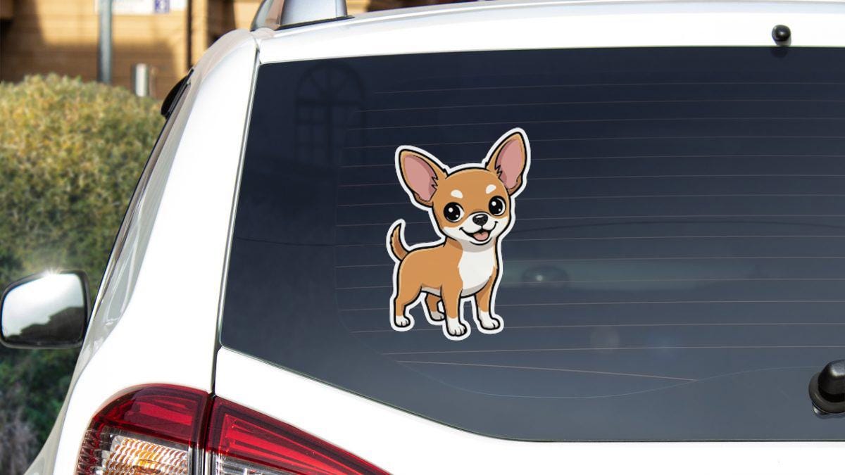 a sticker of a cartoon dog on the rear window of a white car.