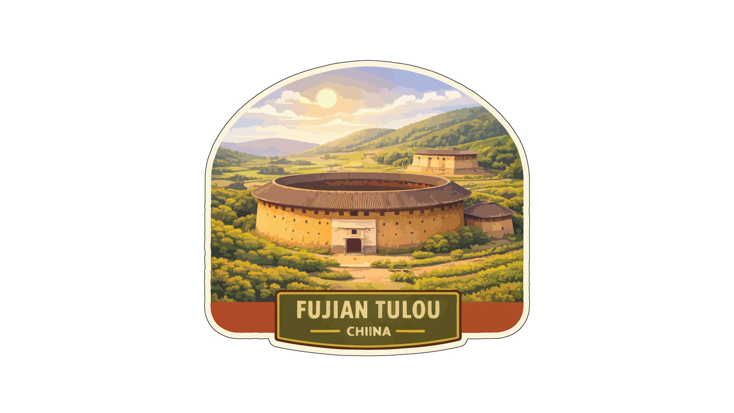 a circular building surrounded by a lush green landscape, with mountains in the background. The text "FUJIAN TULOU CHINA" is displayed below the circular building.