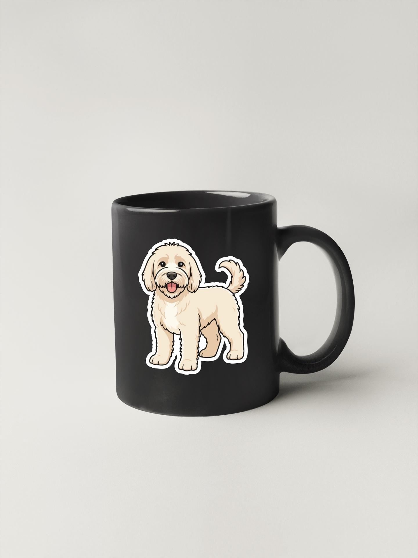 A black mug with a cartoon illustration of a dog on it.