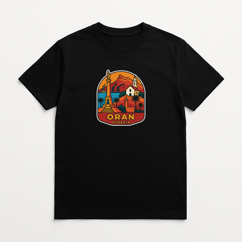 A black t-shirt with a colorful graphic design depicting a cityscape with various landmarks and buildings.