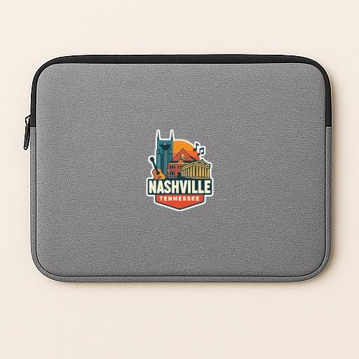 A gray laptop sleeve with a colorful sticker that says "Nashville Tennessee".