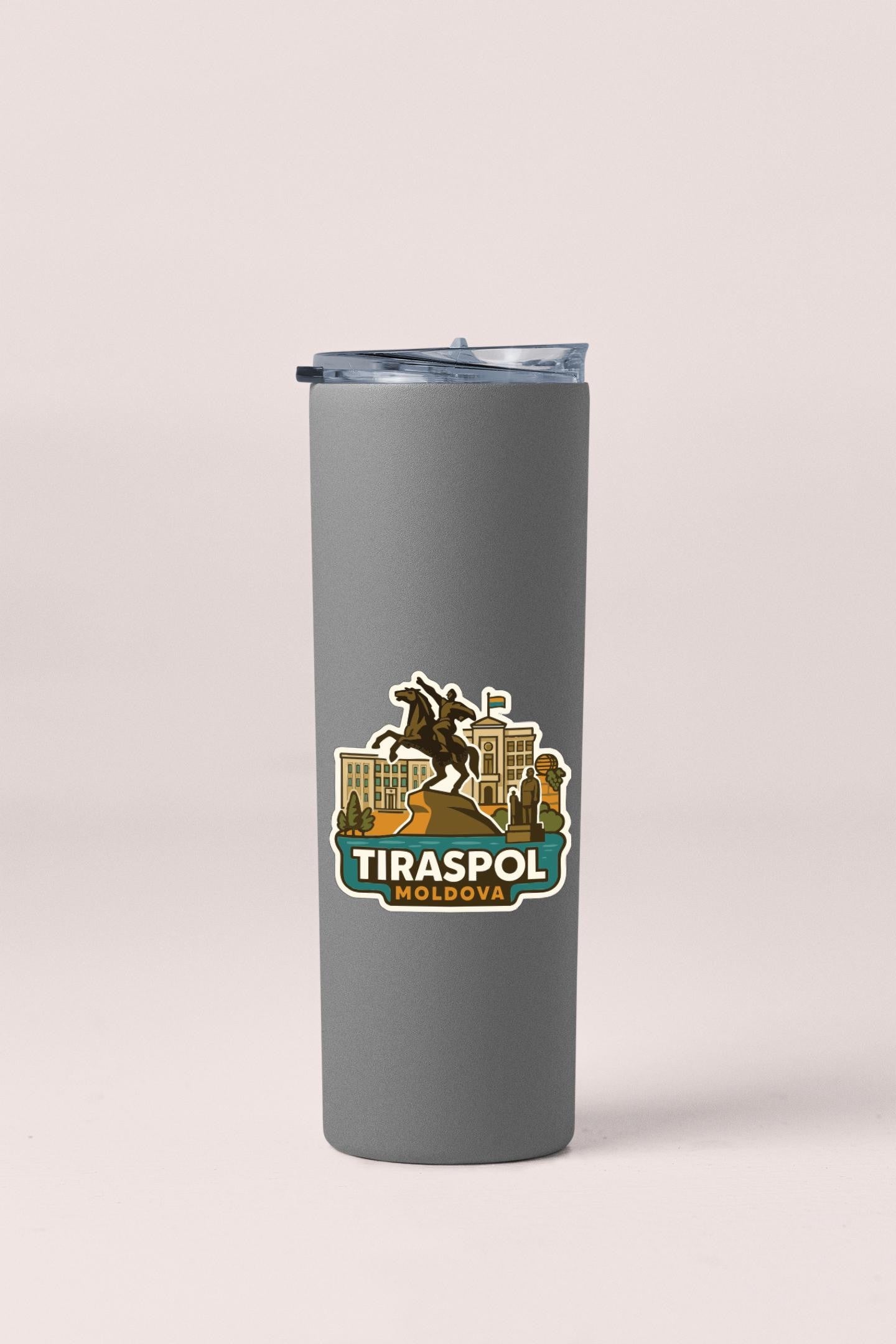 A gray insulated tumbler with a lid and a sticker featuring a cityscape and the text "TIRASPOL MOLDOVA".