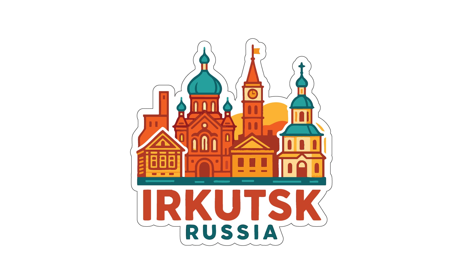 a stylized illustration of the city of Irkutsk, Russia, with various architectural elements such as domes, towers, and buildings depicted in a colorful and vibrant manner.