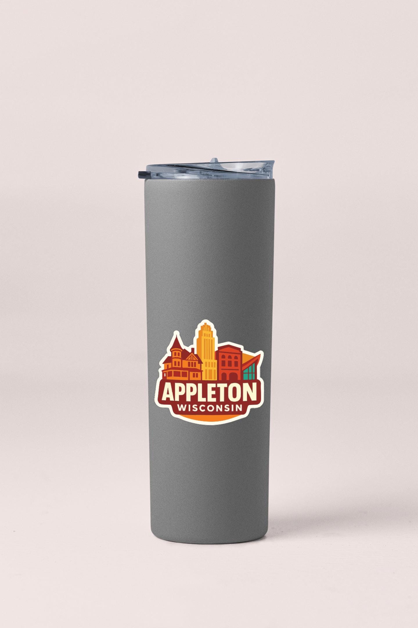 A gray insulated tumbler with a sticker featuring the Appleton, Wisconsin logo.
