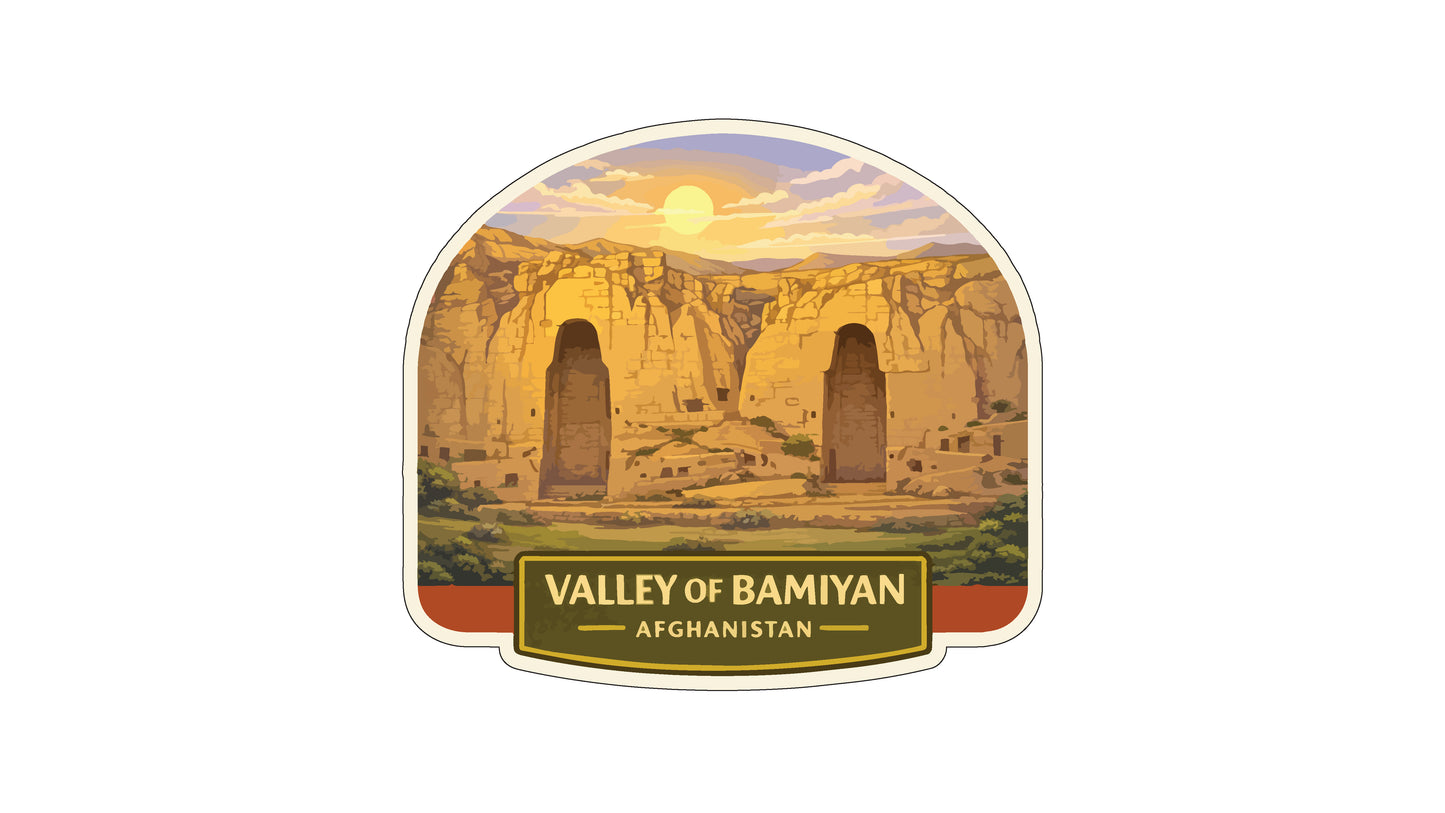 a scenic view of the Valley of Bamiyan, Afghanistan, with towering sandstone cliffs and a bright sun in the sky.