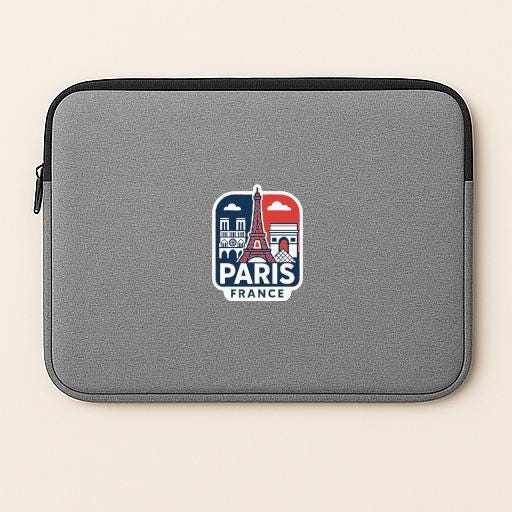 A gray laptop sleeve with a logo of Paris, France, featuring the Eiffel Tower and other iconic landmarks.