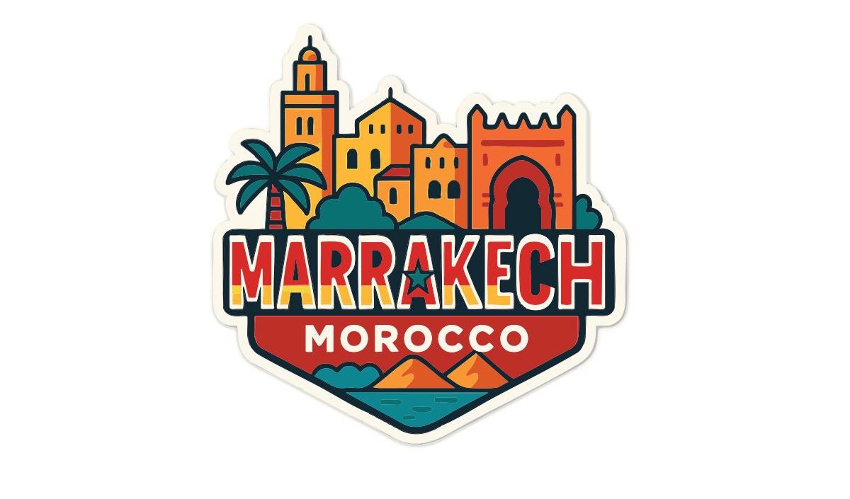 a colorful and stylized logo for Morocco, with various landmarks and architectural elements depicted in a vibrant, cartoon-like style.