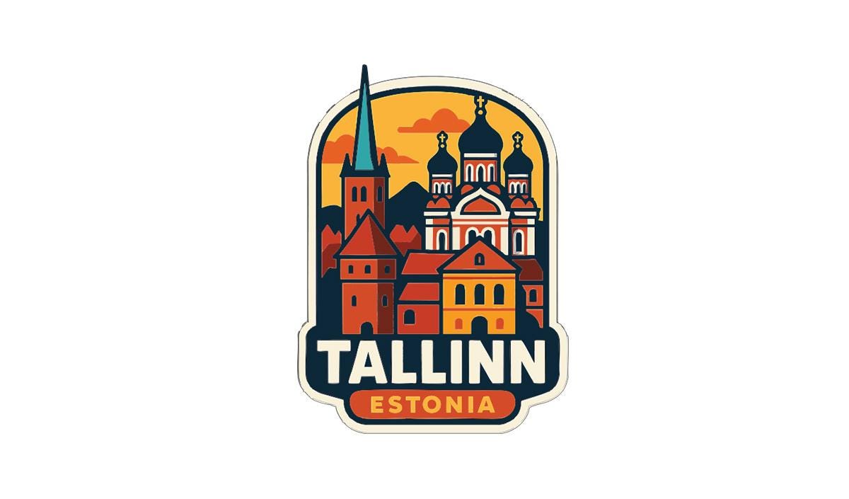 a stylized illustration of the Tallinn, Estonia skyline, with various buildings and landmarks depicted in a vibrant, colorful design.