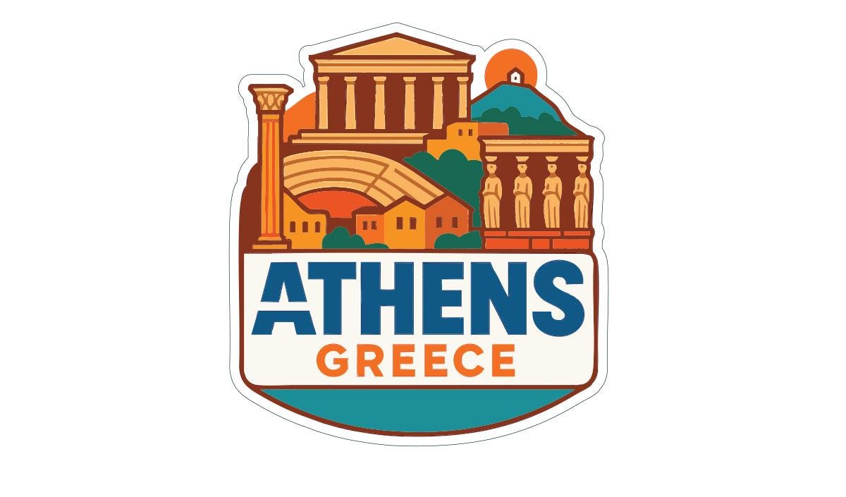 a stylized illustration of the city of Athens, Greece, with various landmarks and architectural elements such as the Parthenon, the Acropolis, and the Temple of the Sun.