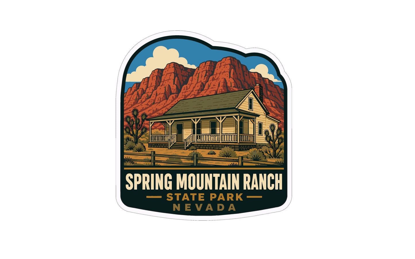 A sticker depicting a house in a desert landscape with mountains in the background, representing the Spring Mountain Ranch State Park in Nevada.