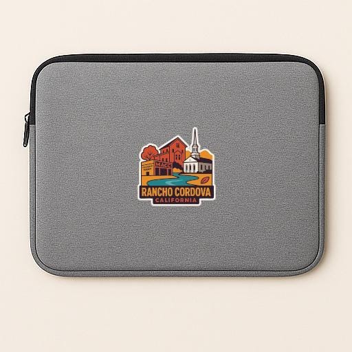 A gray laptop sleeve with a graphic design featuring a cityscape and the text "RANCHO COROVA, CALIFORNIA".