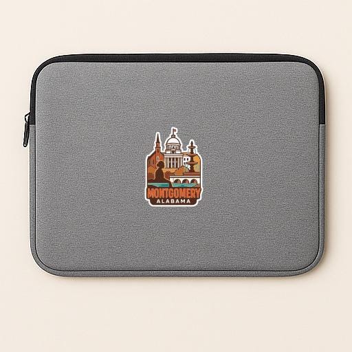 a gray laptop sleeve with a black zipper and a graphic of a city skyline on it.