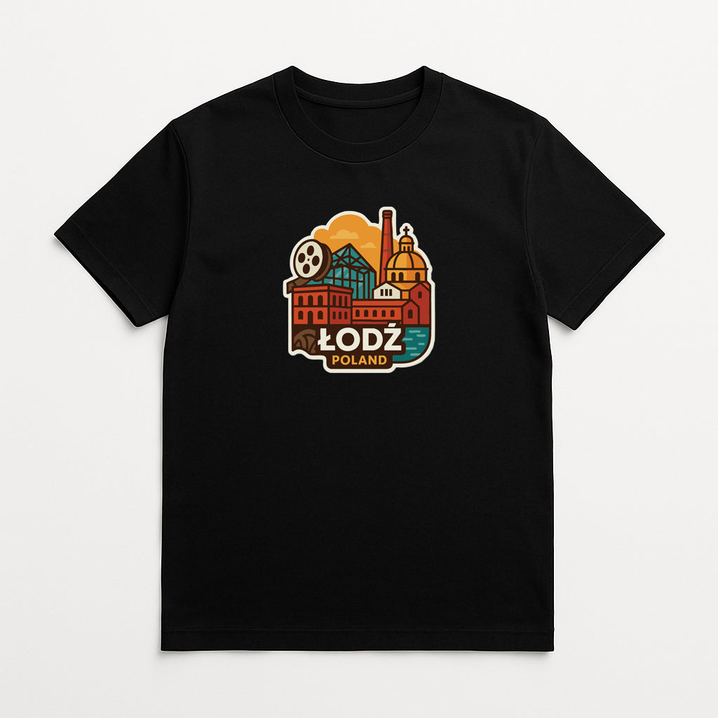 A black t-shirt with a colorful graphic design depicting a city skyline, including a dome and various buildings, along with the text "ODŁ POLAND" printed on it.