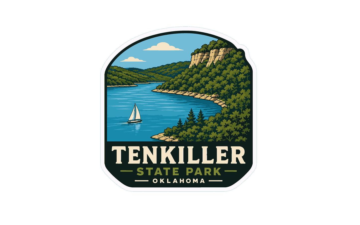 A sticker or emblem featuring a scenic landscape with a lake, mountains, and a sailboat, along with the text "TENKILLER STATE PARK OKLAHOMA".