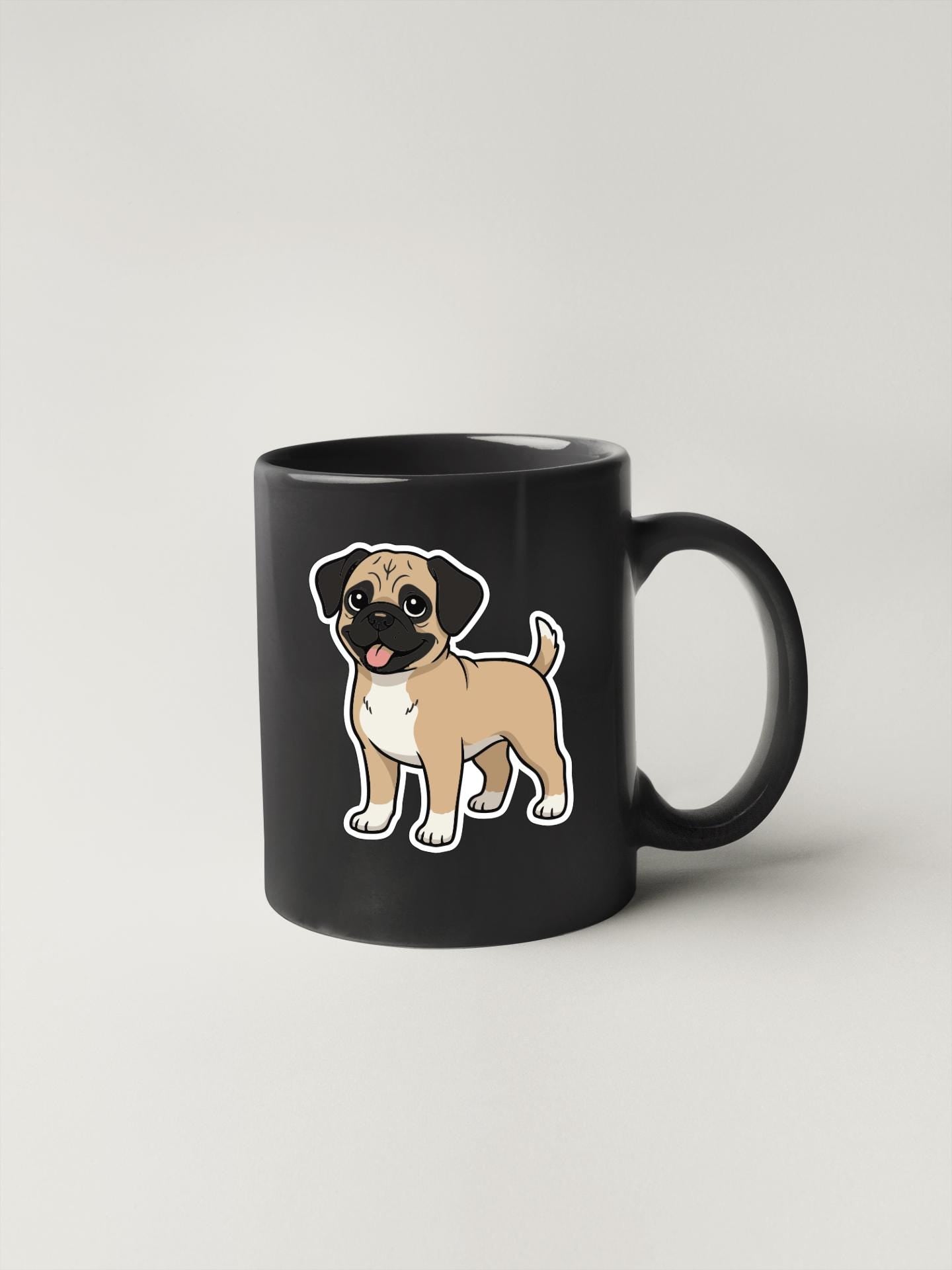 A black mug with a cartoon illustration of a pug dog on it.