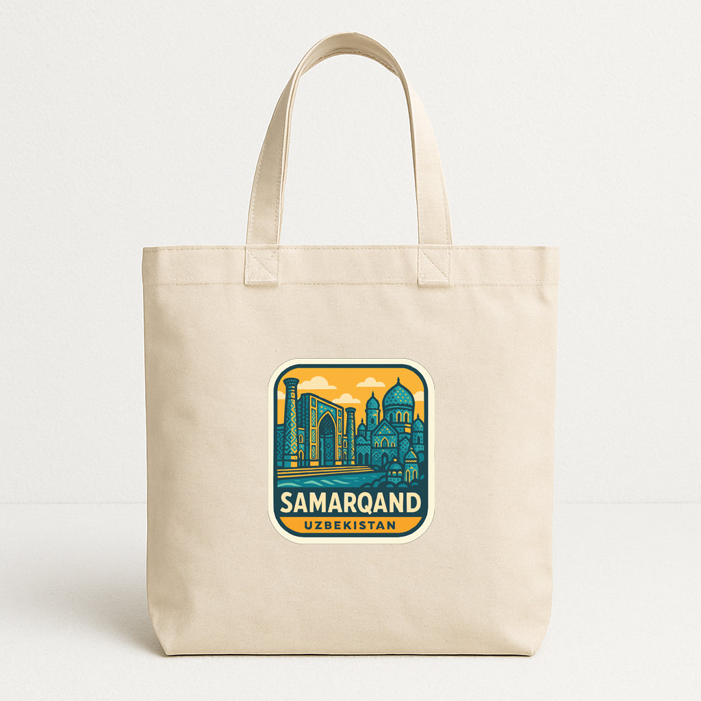 A beige tote bag with a graphic design featuring the city of Samarqand, Uzbekistan.