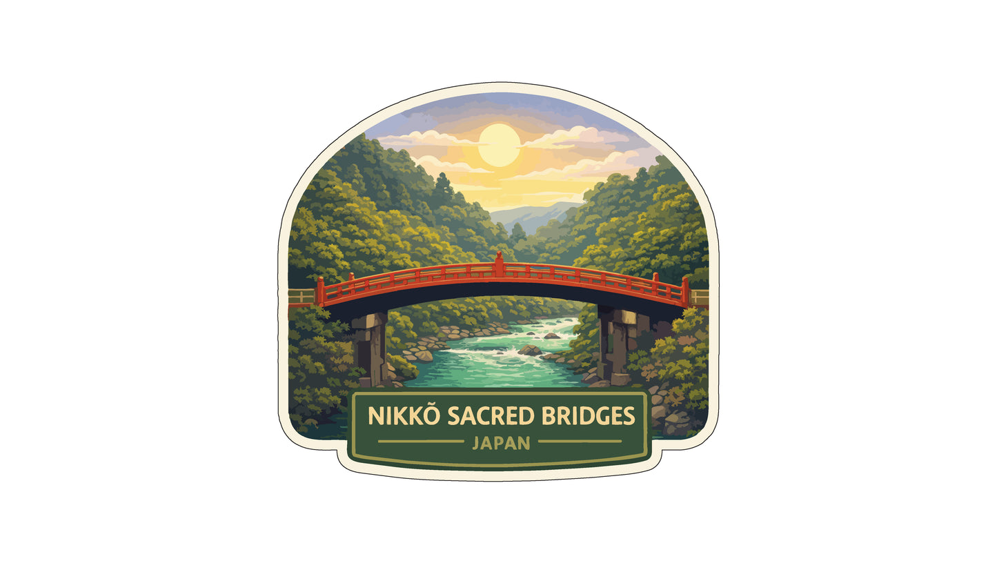 A sticker or label depicting the Nikko Sacred Bridges in Japan, with a scenic landscape featuring a red bridge spanning a river and lush greenery surrounding it.